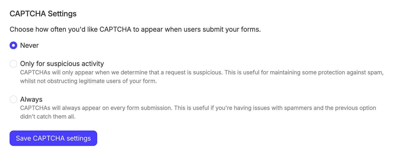 Configuration options for CAPTCHA