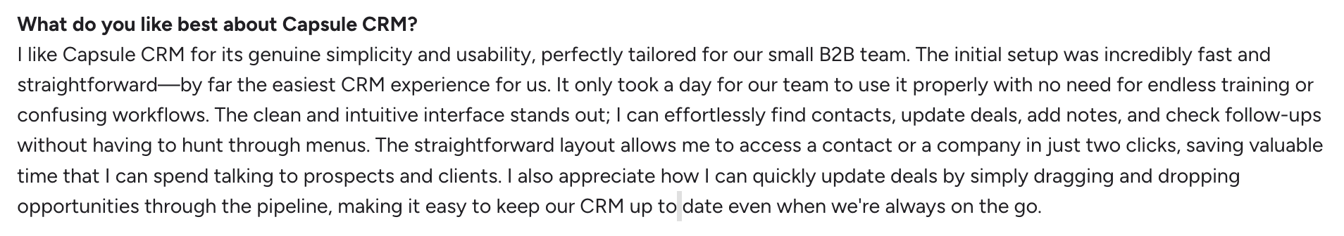 A customer review answering "What do you like best about Capsule CRM?" praising its simplicity and usability.