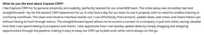 A customer review answering "What do you like best about Capsule CRM?" praising its simplicity and usability.