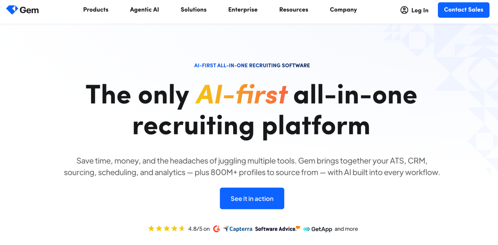 Screenshot of the Gem website, featuring the headline "The only AI-first all-in-one recruiting platform."