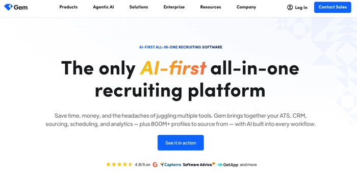 Screenshot of the Gem website, featuring the headline "The only AI-first all-in-one recruiting platform."