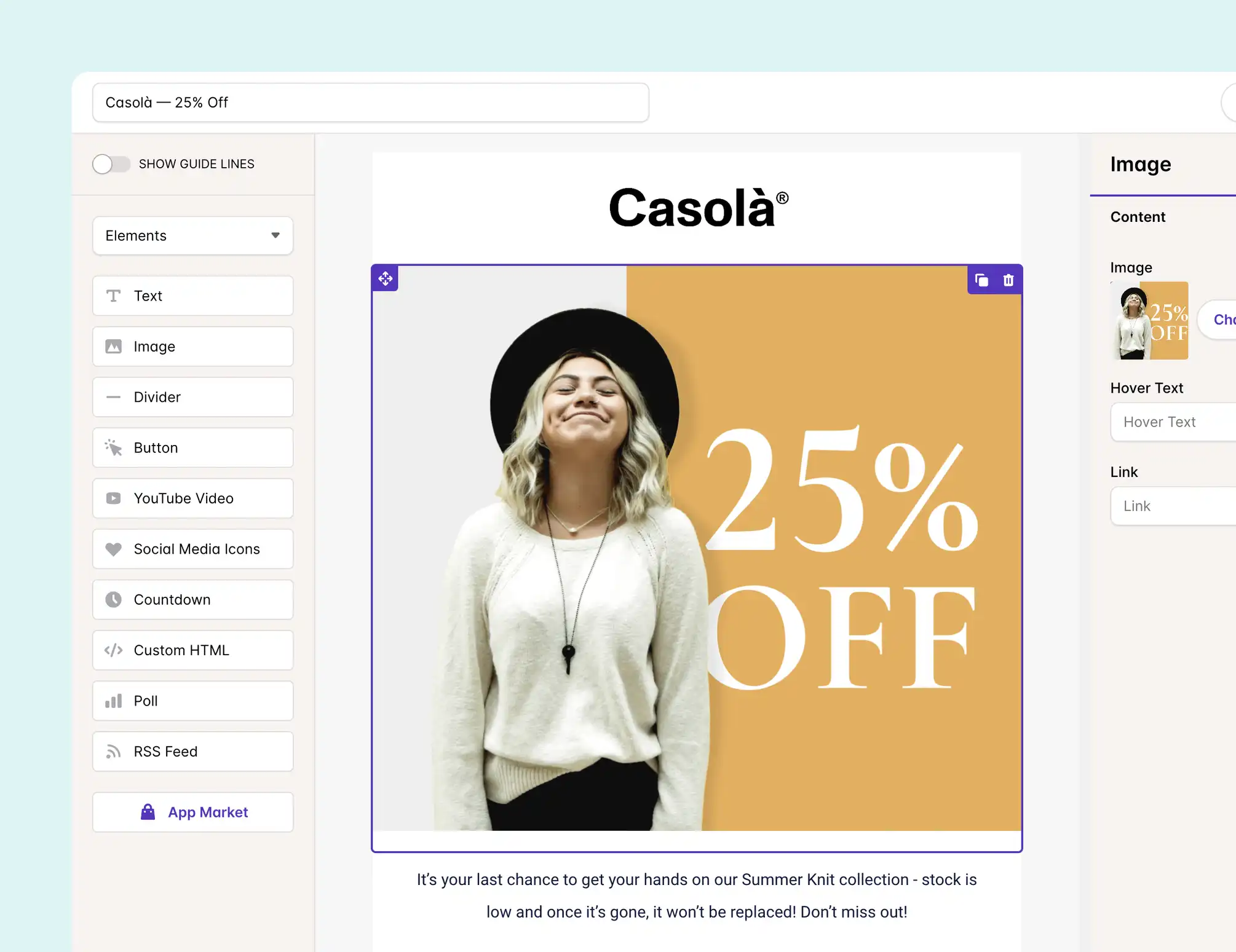 Email editor with a 25% off promotional banner design.