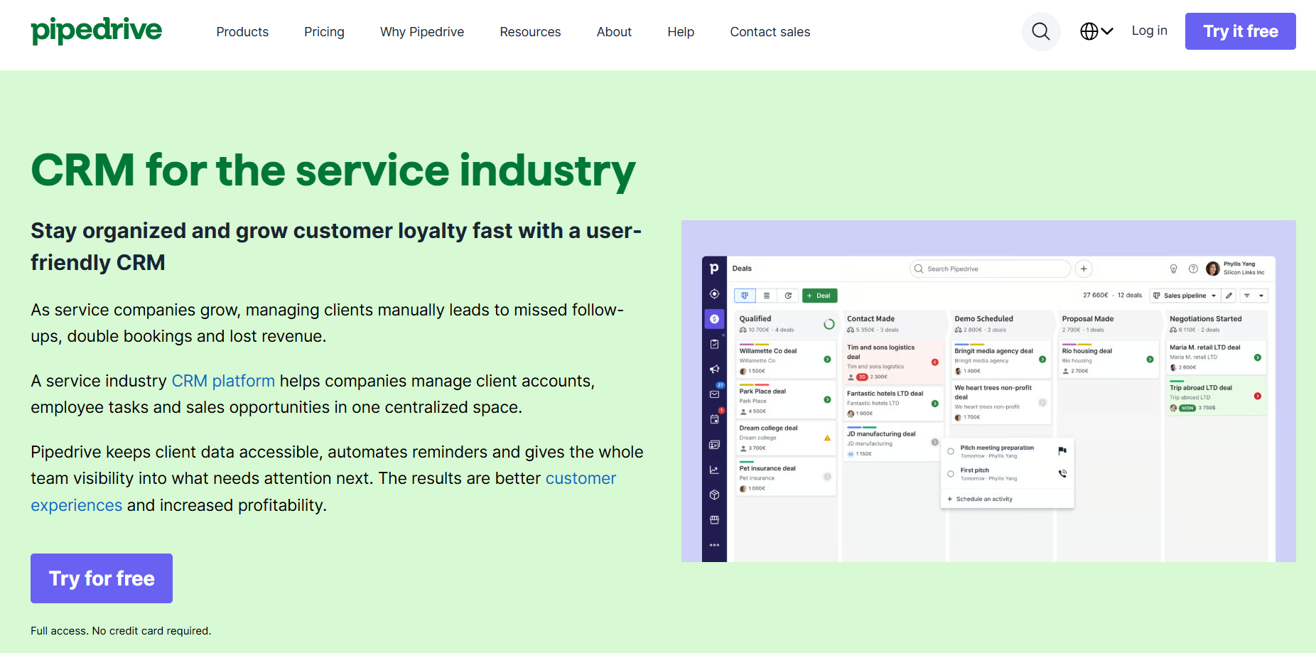 Pipedrive CRM webpage for the service industry, showing its kanban-style deal management interface.