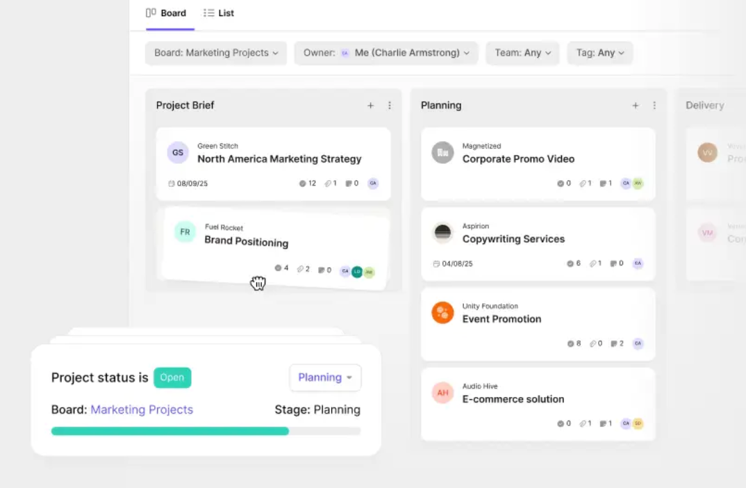 Kanban project management board with a card being dragged from "Project Brief" to "Planning", and a "Project status is Open" overlay.