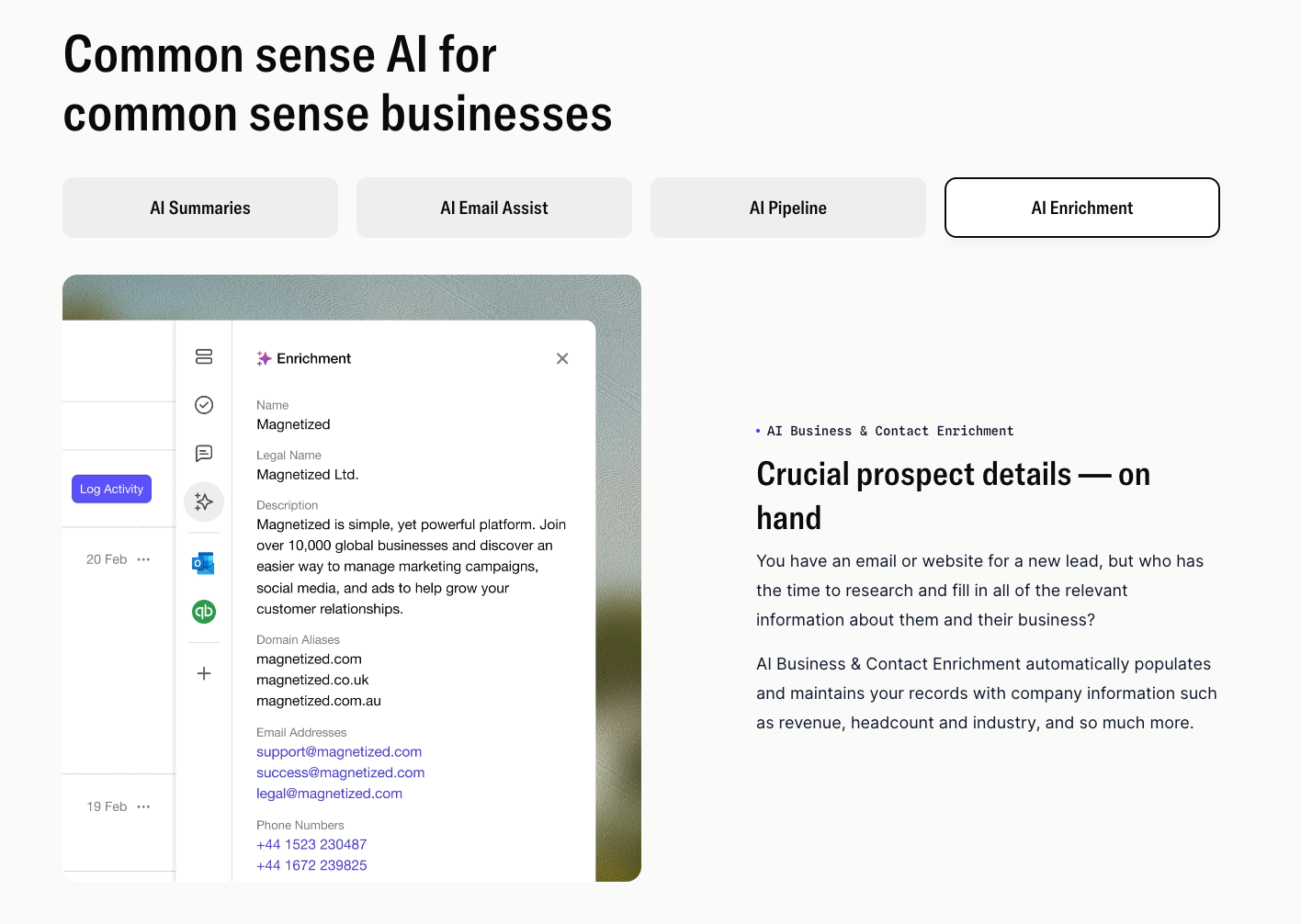 Captura de pantalla de una plataforma de IA para negocios con «AI Enrichment» seleccionado, que muestra los datos de contacto y la descripción de la empresa «Magnetized Ltd».