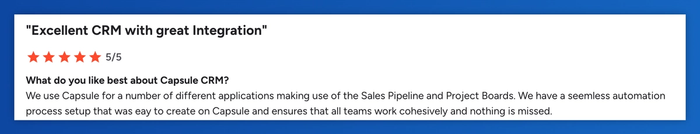 a review for capsule crm says excellent crm with great integration