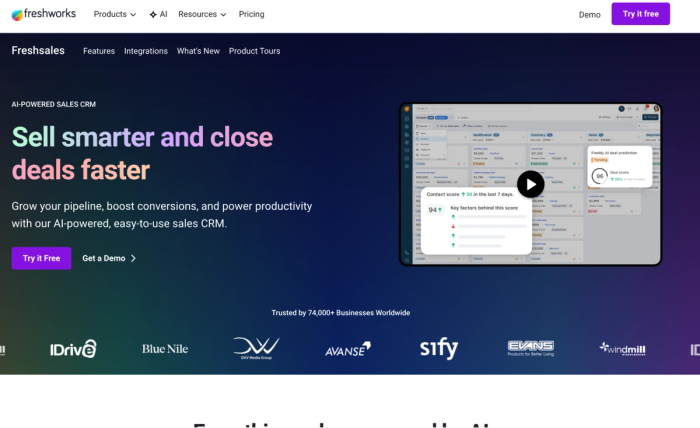 Freshsales AI-Powered Sales CRM landing page showing its interface and a headline 'Sell smarter and close deals faster'.