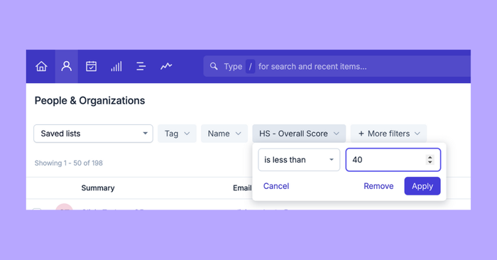 A screenshot shows the process of filtering your contacts by their health score in Capsule