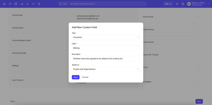 screenshot shows a user creating a new custom field in the capsule crm app