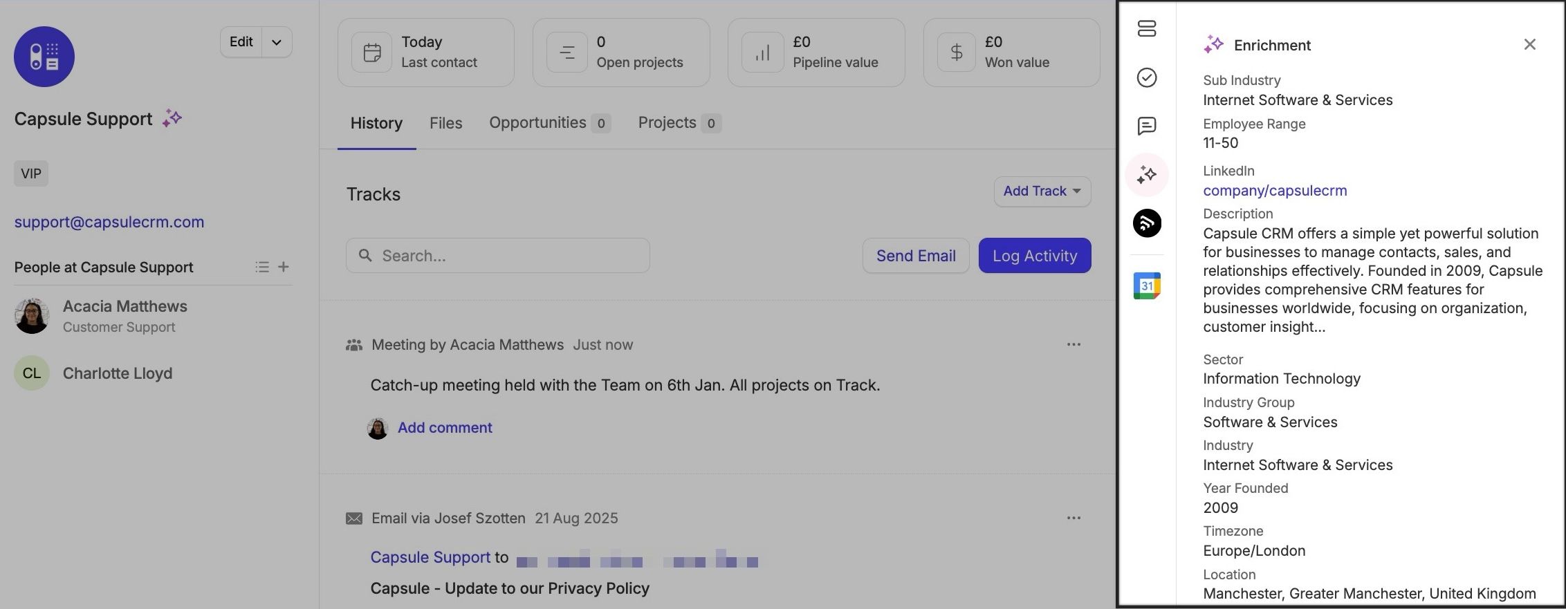panneau d’enrichissement avec les informations Capsule CRM mises en évidence