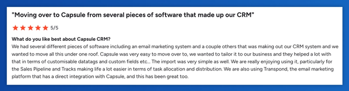 a review for capsule crm shows that the product is moving over to capsule from several pieces of software that made up our crm