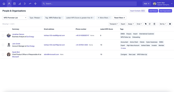 By adding a custom field based on your latest NPS, you can filter your clients by how they rate you and your service
