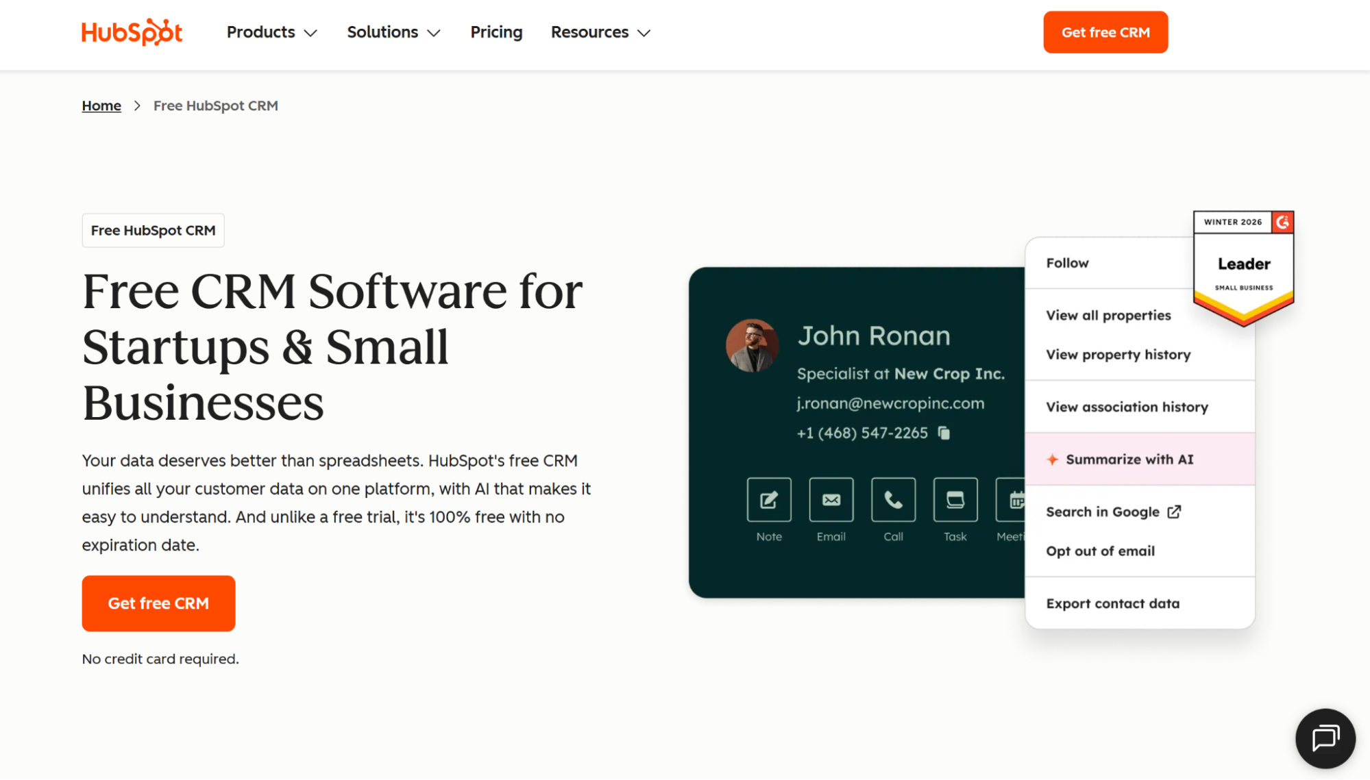 HubSpot webpage advertising free CRM for small businesses, featuring a contact card and a dropdown menu with 'Summarize with AI' highlighted.