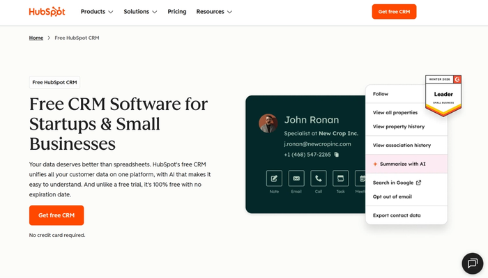 HubSpot webpage advertising free CRM for small businesses, featuring a contact card and a dropdown menu with 'Summarize with AI' highlighted.