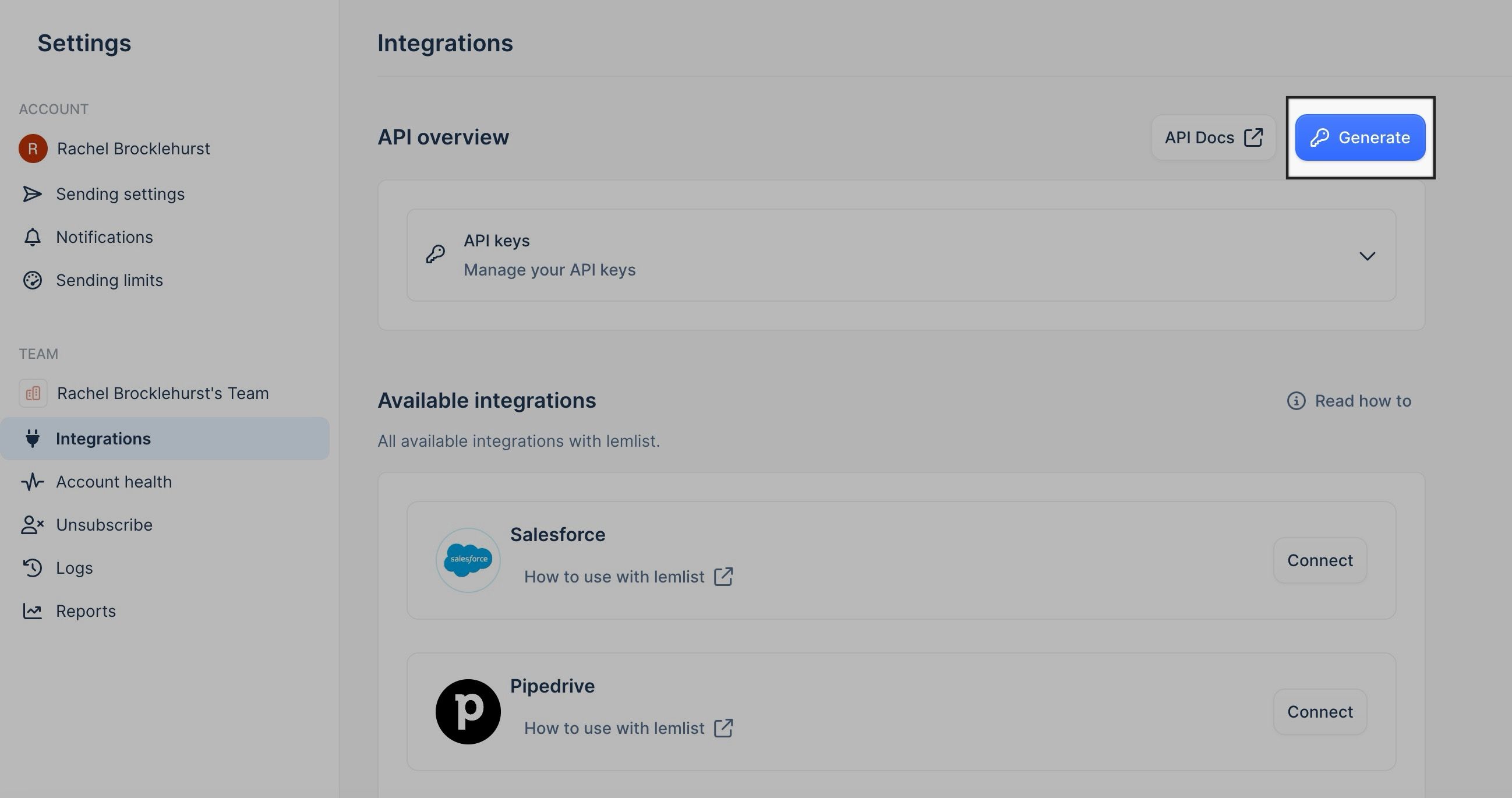 Página de configuración de Lemlist para integraciones, generación de una clave API
