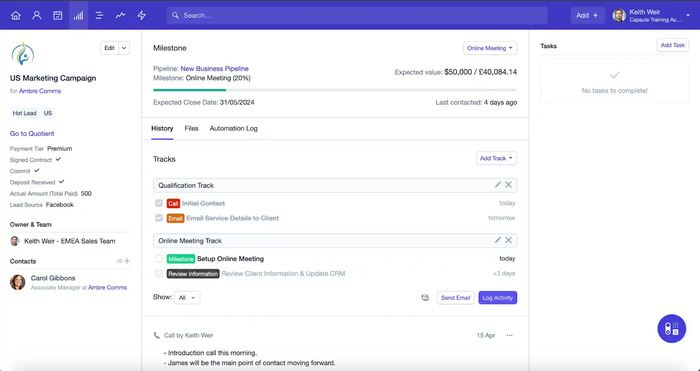 A user looks at a saved Track for an Opportunity in their sales pipeline.