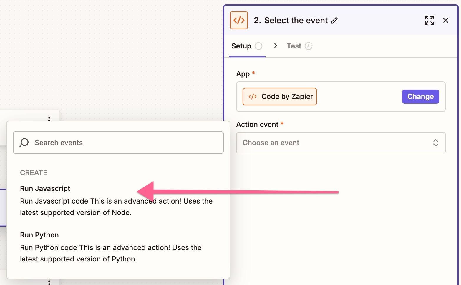run javascript option in zapier code step