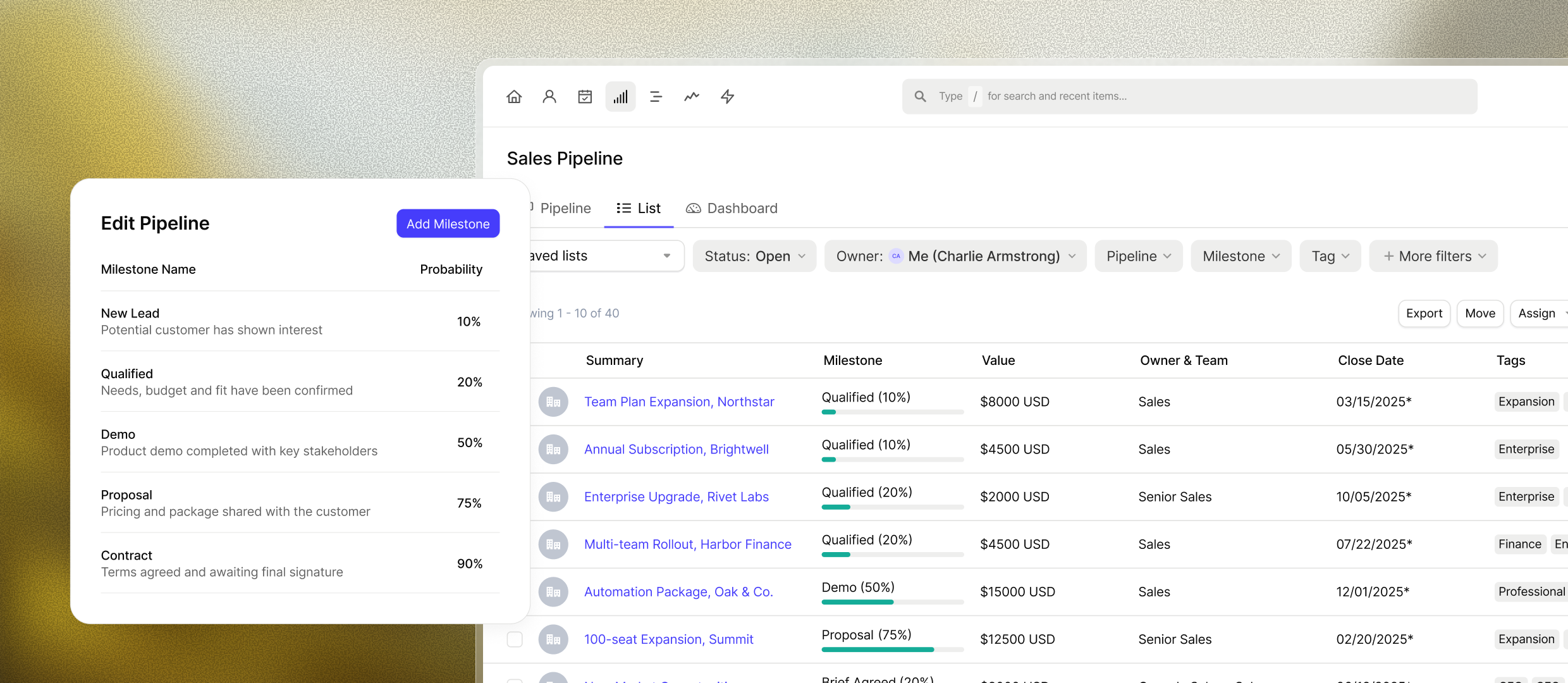 Sales pipeline management software showing editable stages and a list of opportunities.