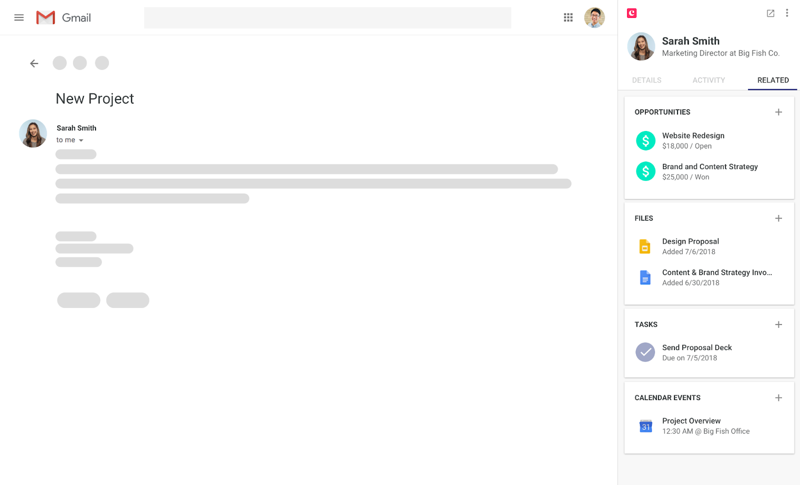 The screenshot shows the Gmail tab with Copper's sidebar