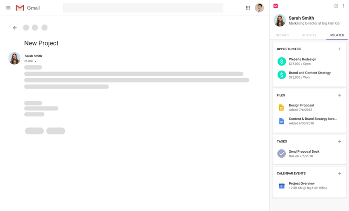 The screenshot shows the Gmail tab with Copper's sidebar
