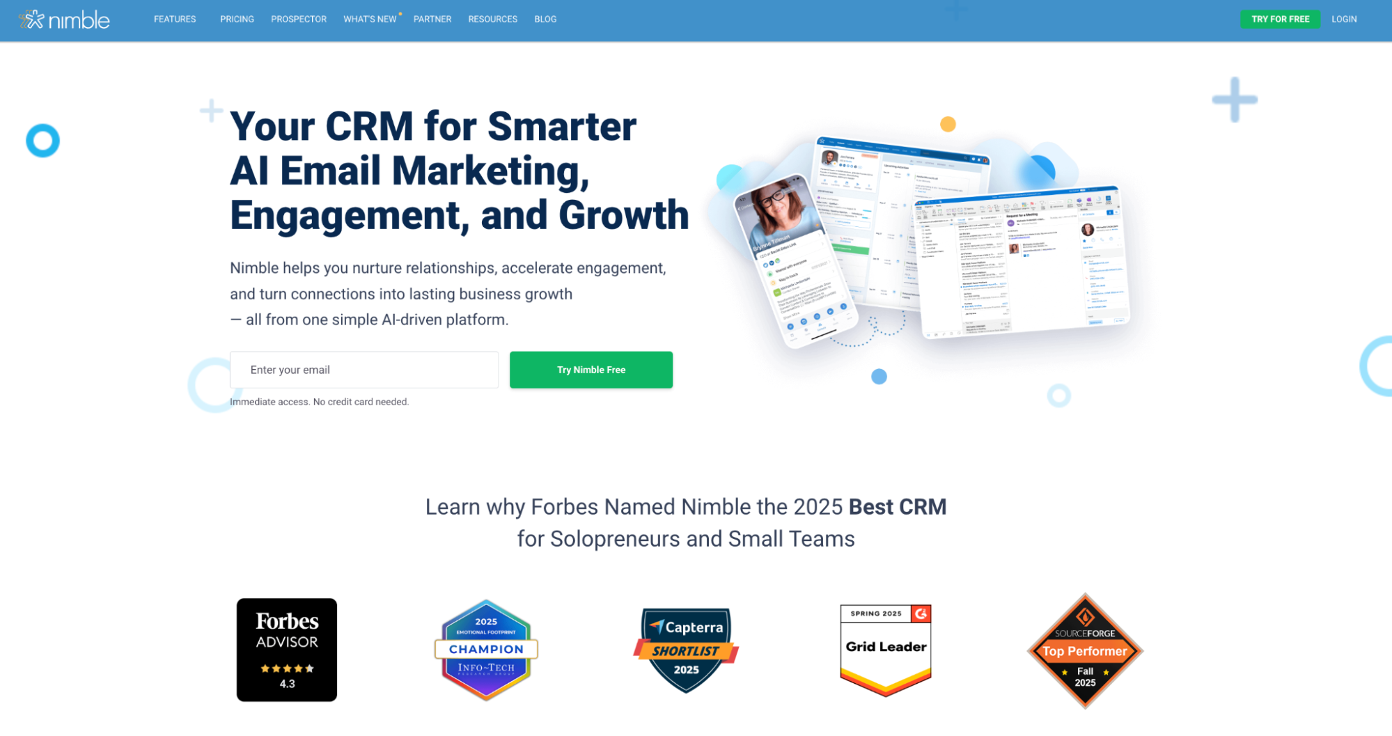 Nimble CRM website featuring AI email marketing tools, interface screenshots, and multiple industry awards.