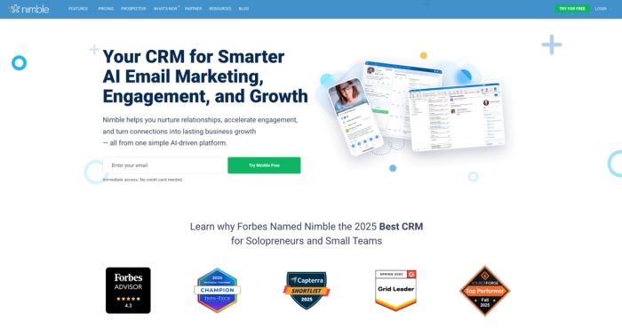 Nimble CRM website featuring AI email marketing tools, interface screenshots, and multiple industry awards.