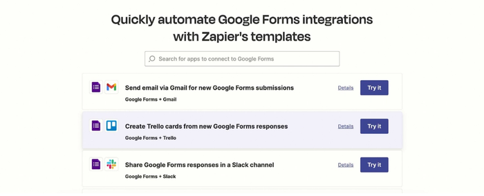 List of apps to connect with Google Forms using Zapier's templates