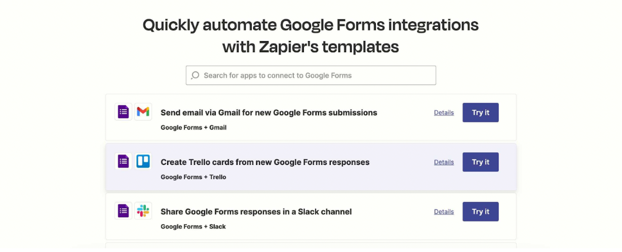 List of apps to connect with Google Forms using Zapier's templates