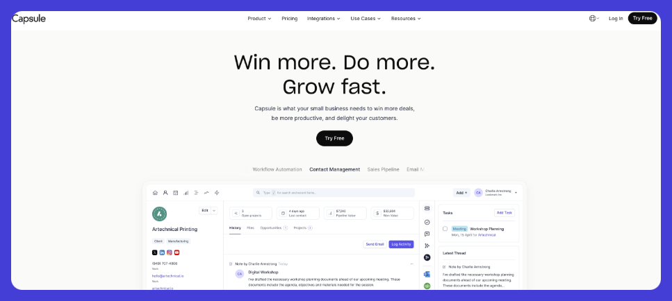 Capsule CRM's website.