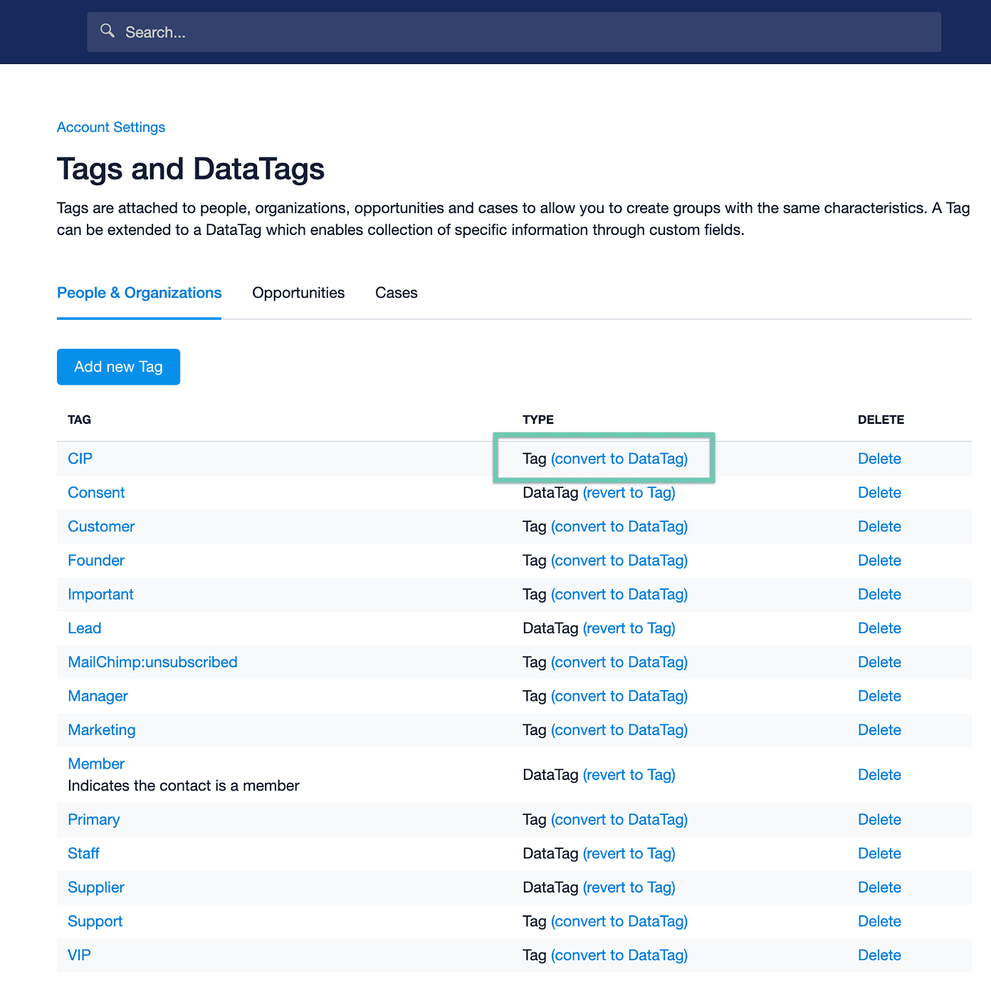 Una lista de etiquetas con la opción de convertirlas en DataTag