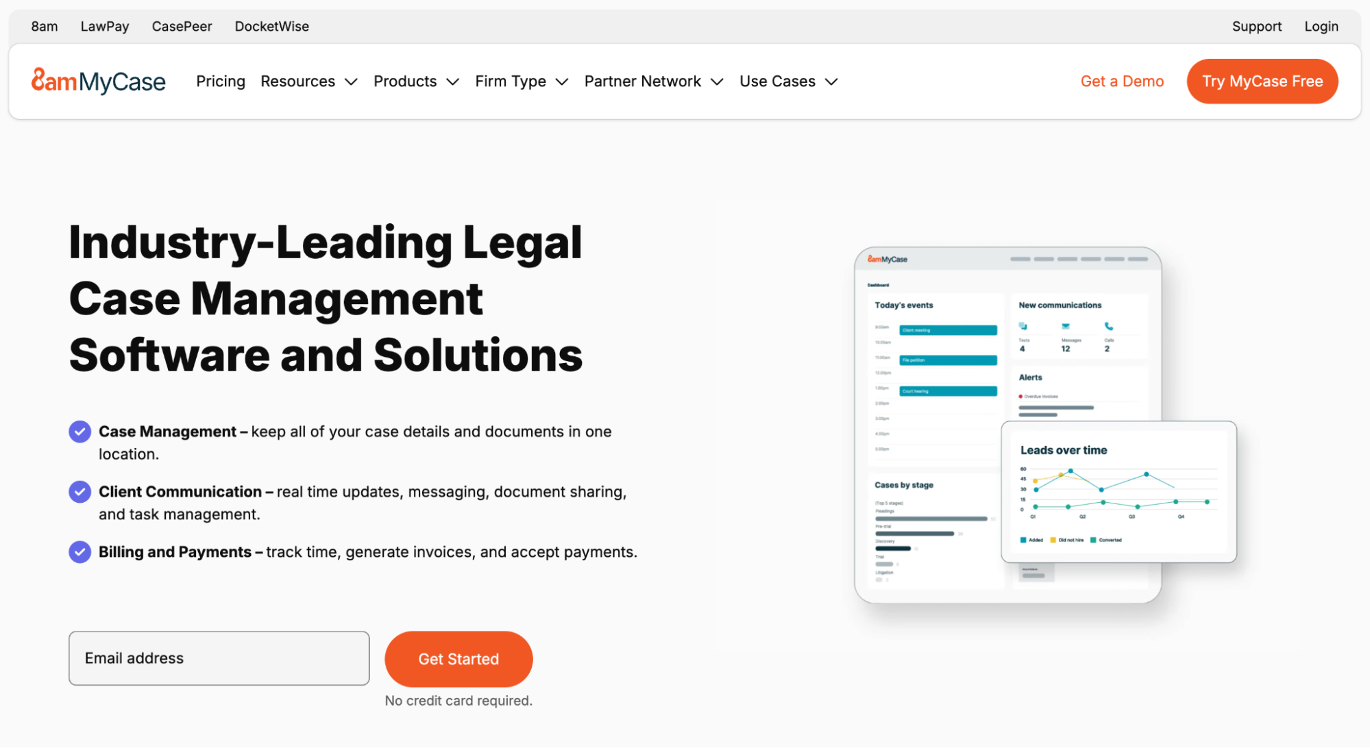 MyCase legal case management software homepage displaying features and dashboard with data charts.