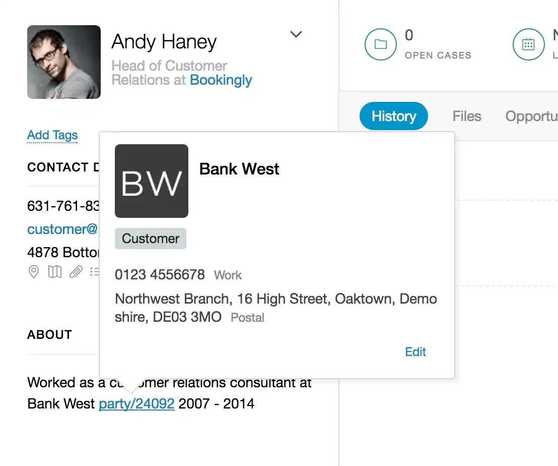 A user interface showing Andy Haney's profile with a Bank West popup containing its logo, customer status, phone, and address.