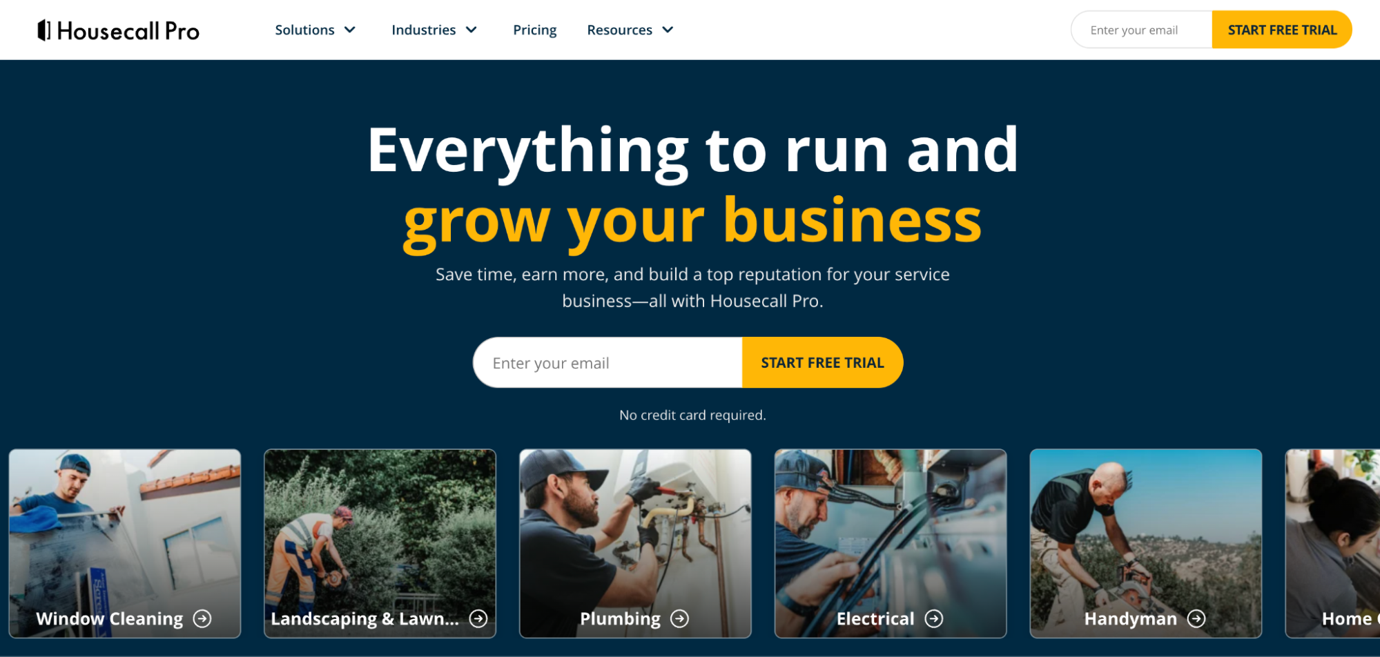 Housecall Pro website with the headline 'Everything to run and grow your business' and images of various service professionals.