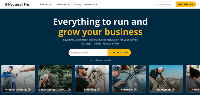 Housecall Pro website with the headline 'Everything to run and grow your business' and images of various service professionals.