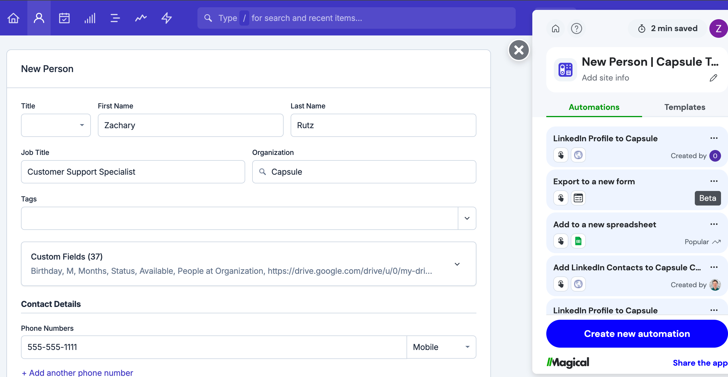 Contact record creation page