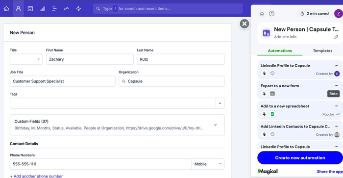 Contact record creation page