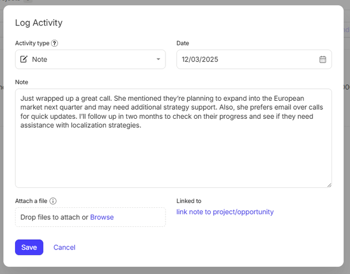 a screenshot shows a popup box in capsule where you can log activities like in person meetings along with relevant notes and documents