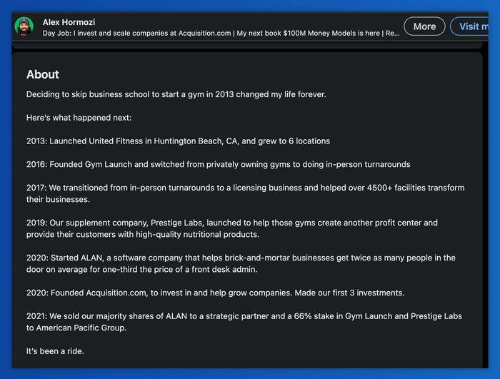 a screenshot of alex harmozi 's about page