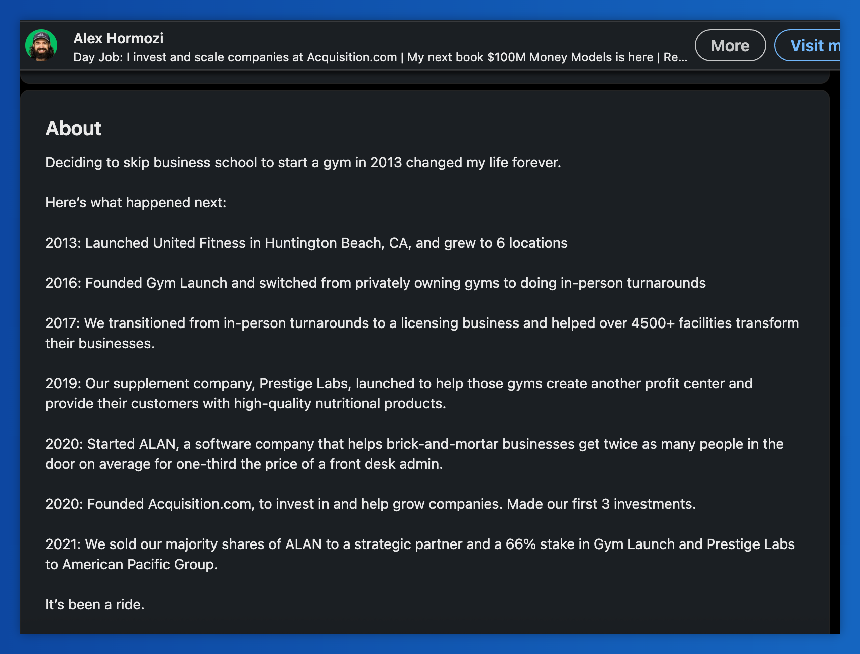 a screenshot of alex harmozi 's about page