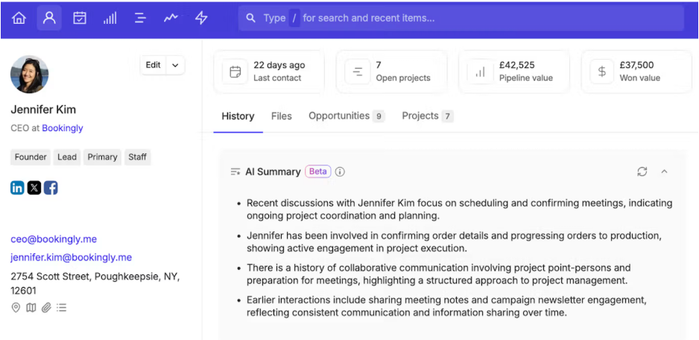 A CRM profile for Jennifer Kim, CEO of Bookingly, displaying contact details, project metrics, and an AI-generated activity summary.