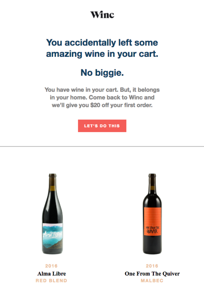 Winc advert to remind customers what they left in their cart