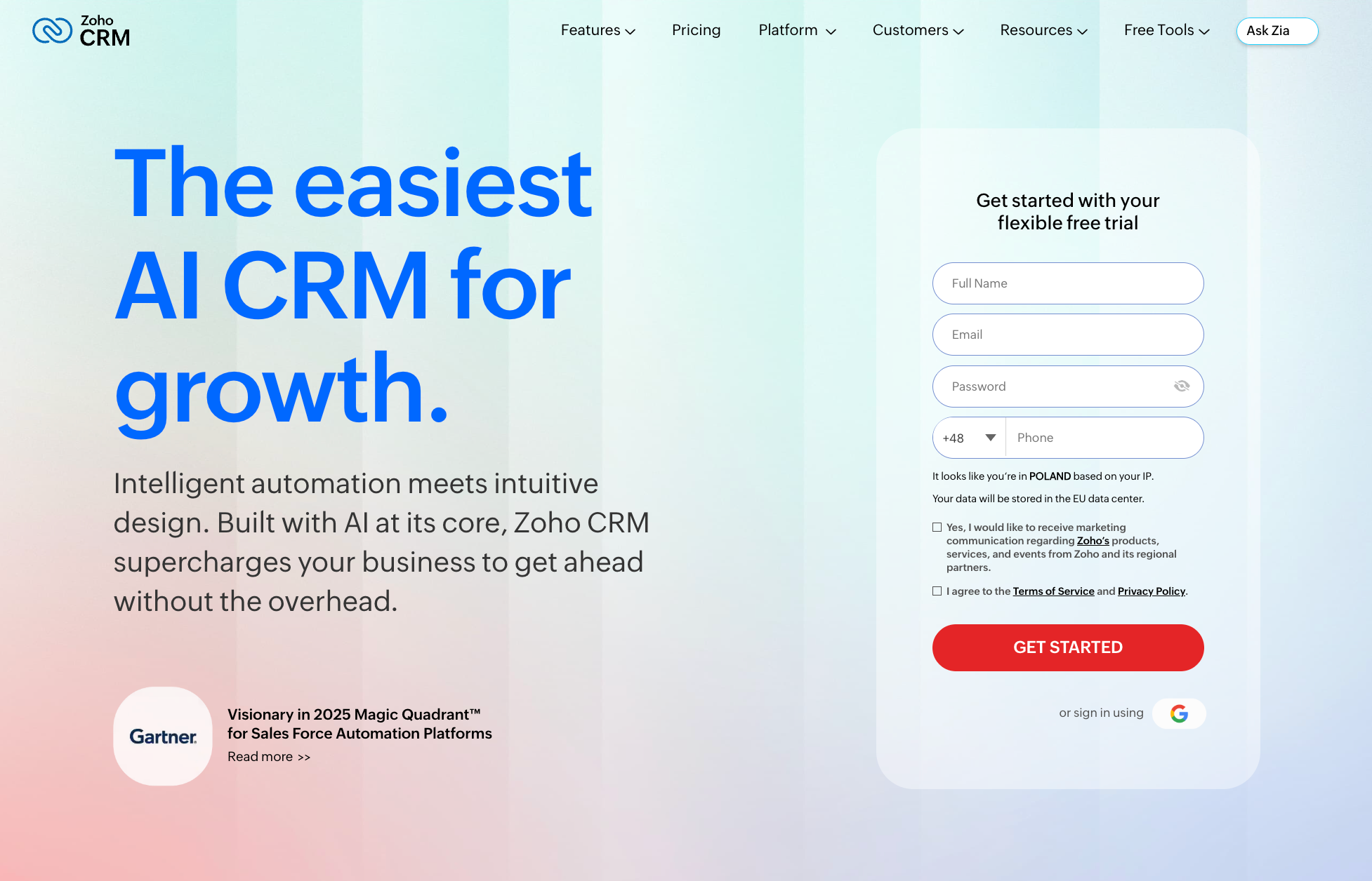 Zoho CRM website with the headline "The easiest AI CRM for growth," a Gartner recognition, and a free trial sign-up form.