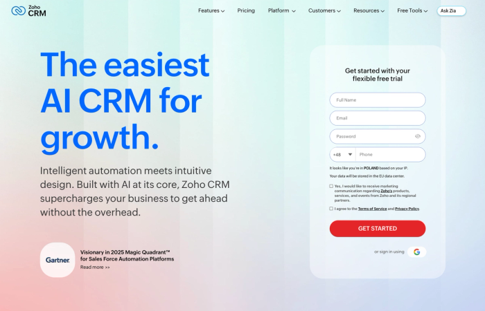 Zoho CRM landing page with the headline "The easiest AI CRM for growth" and a free trial signup form.
