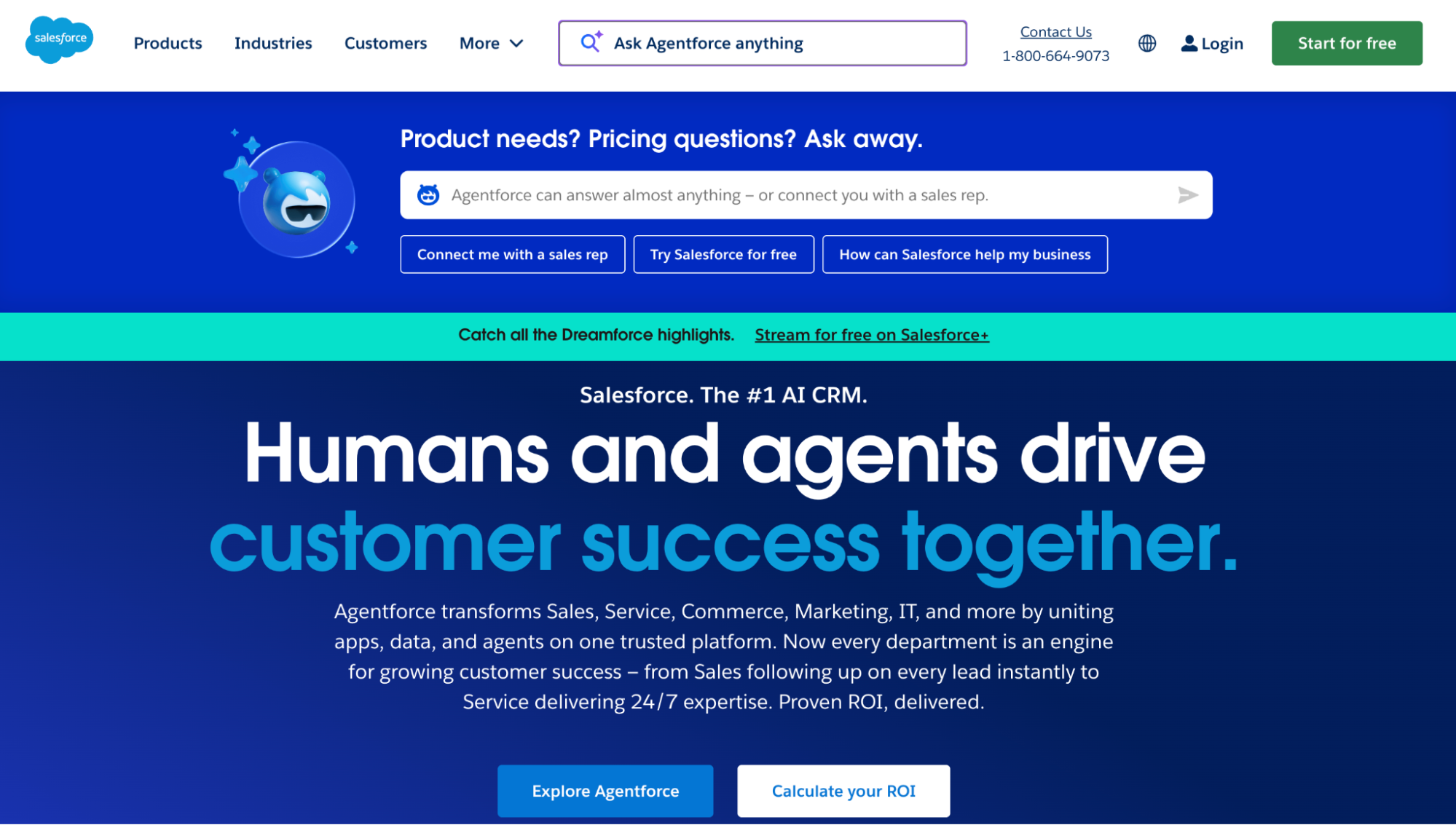 Salesforce homepage featuring the headline "Humans and agents drive customer success together" and an AI assistant.