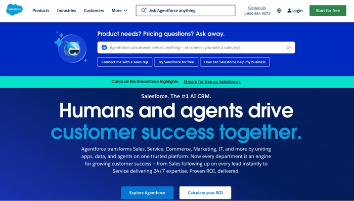 Salesforce homepage featuring the headline "Humans and agents drive customer success together" and an AI assistant.