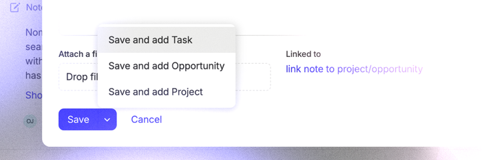 a computer screen shows the new actions you can take when saving an activity in capsule