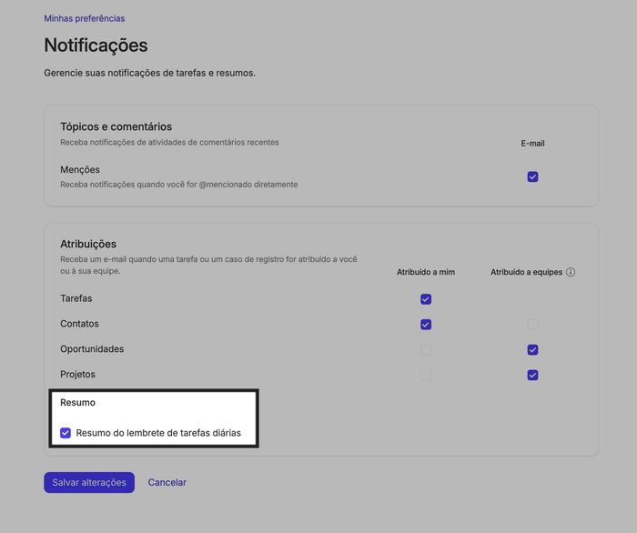 Caixa de seleção de lembrete de tarefa