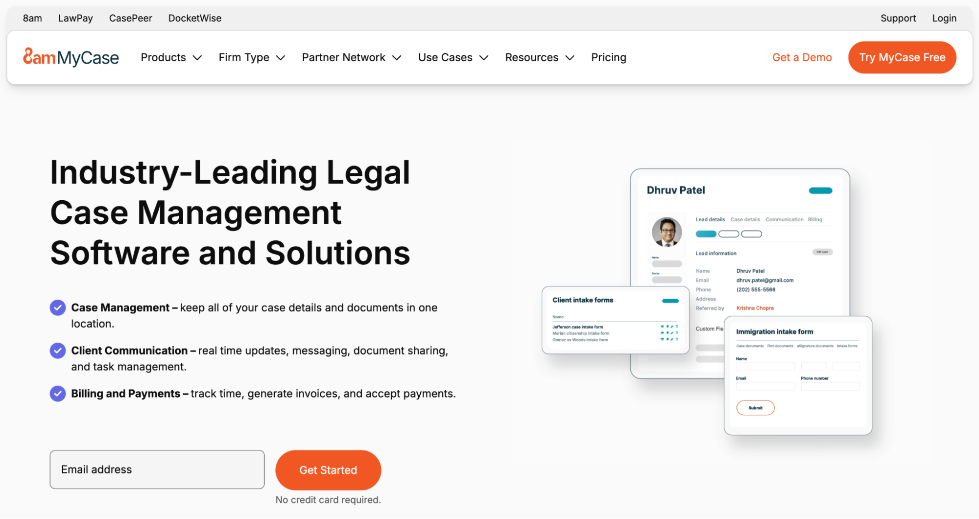 Screenshot of the MyCase legal case management software homepage, highlighting its features and showing examples of its user interface.