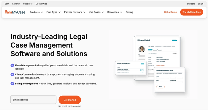 Screenshot of the MyCase legal case management software homepage, highlighting its features and showing examples of its user interface.