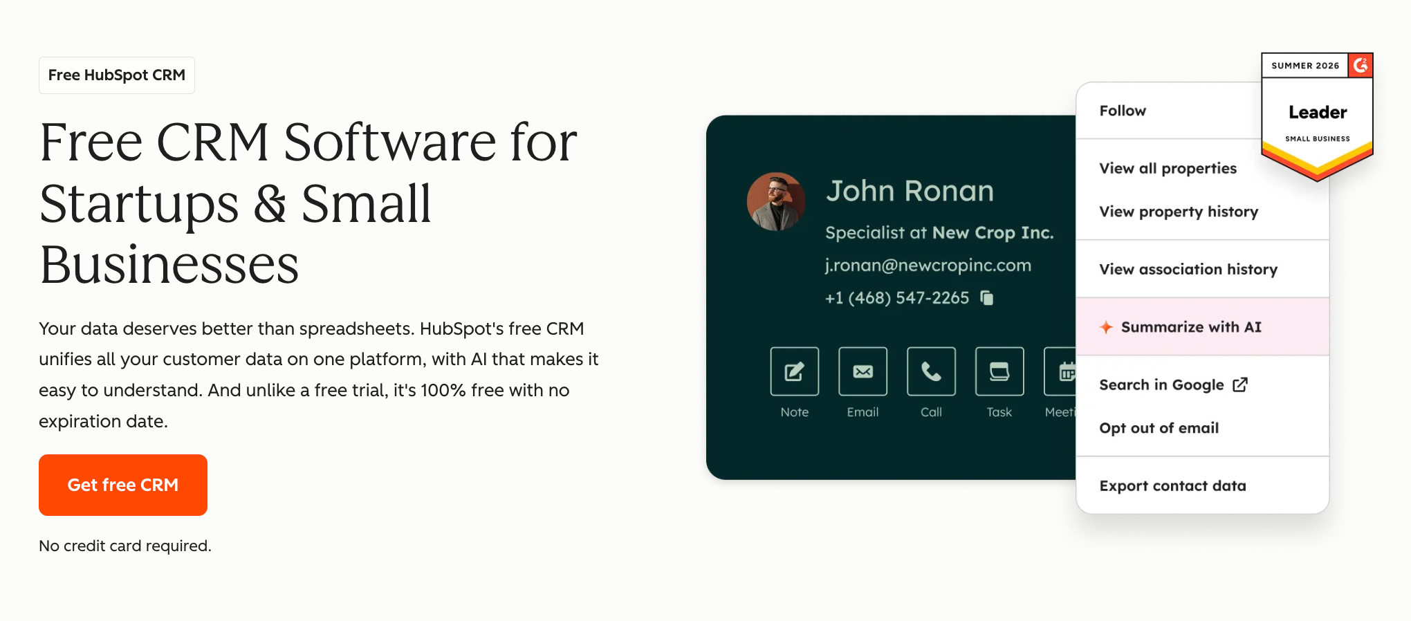 HubSpot CRM webpage promoting free software, showing a contact card for John Ronan with a dropdown menu highlighting 'Summarize with AI', and a 'Leader Summer 2020' badge.
